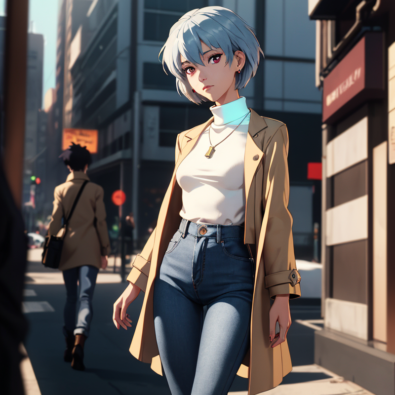 Rei Ayanami wears a white turtleneck sweater paired with dark blue high-waisted jeans and a beige trench coat..png