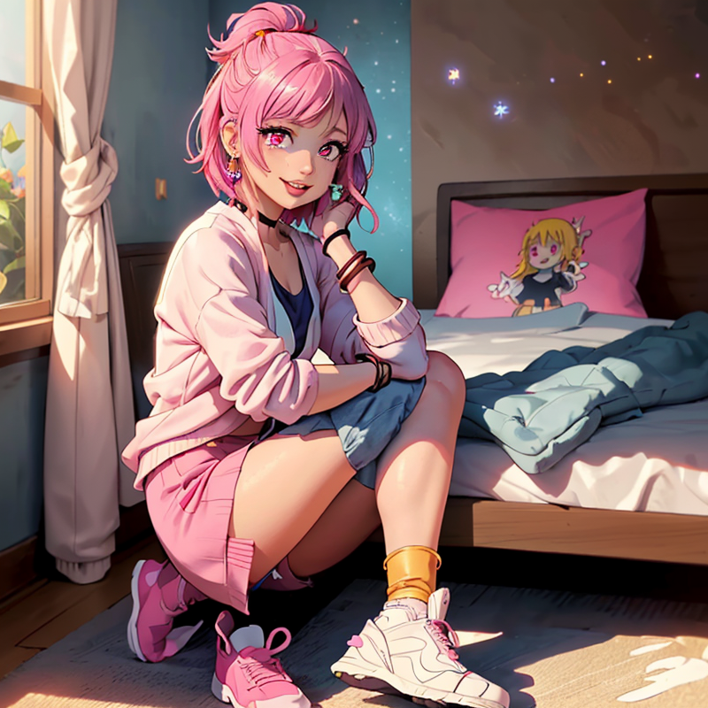 Madoka Kaname wears a pink loose sweatshirt with a white high-waisted skirt and white sneakers.png