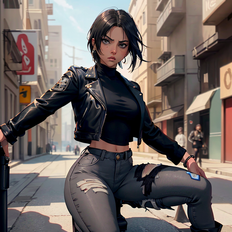 Mikasa Ackerman wears a black leather jacket and high-waisted jeans in an elegant outfit.png