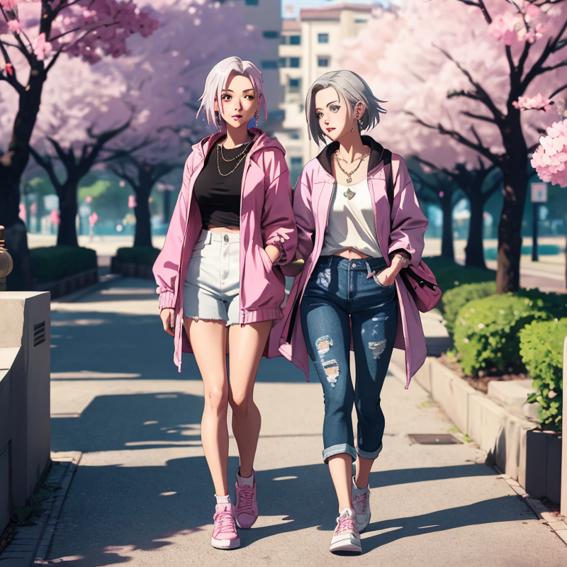 Sakura Haruno wears a pink short coat and white high-waisted jeans in a fashionable style; in her casual look.png