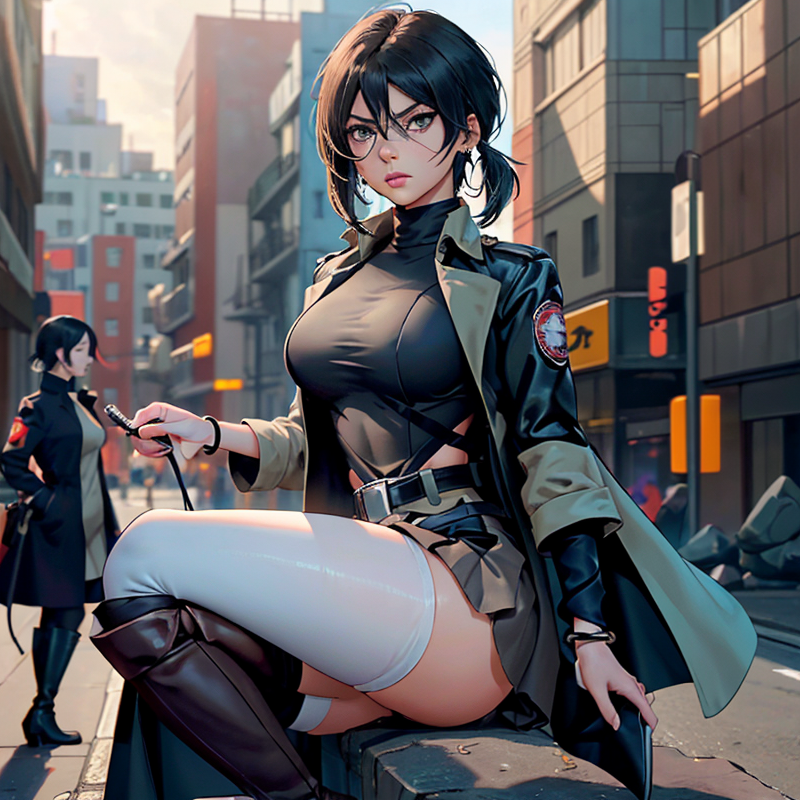 Mikasa Ackerman wears a deep blue turtleneck sweater with a high-waisted black leather skirt and black over-the-knee boots.png