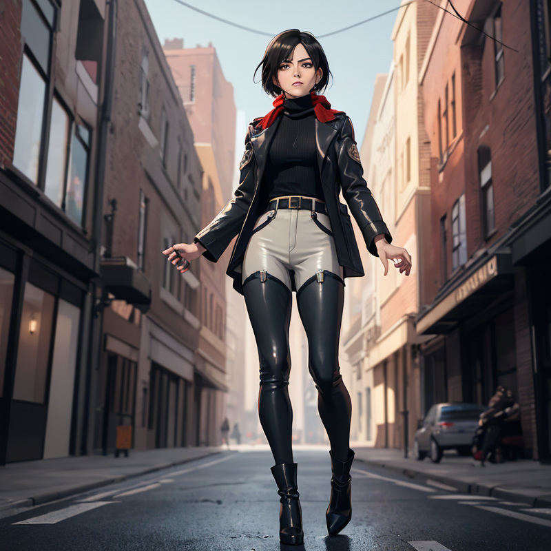 Mikasa Ackerman wears an elegant black turtleneck sweater and leather pants.png