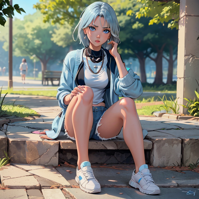 Sayaka Tsukuyomi wears a white shirt and light blue cardigan with light denim shorts and white casual shoes..png