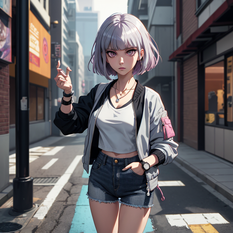 Kyouka Kirigiri wears a black fitted T-shirt with denim shorts and a loose gray sweatshirt with black skinny pants..png