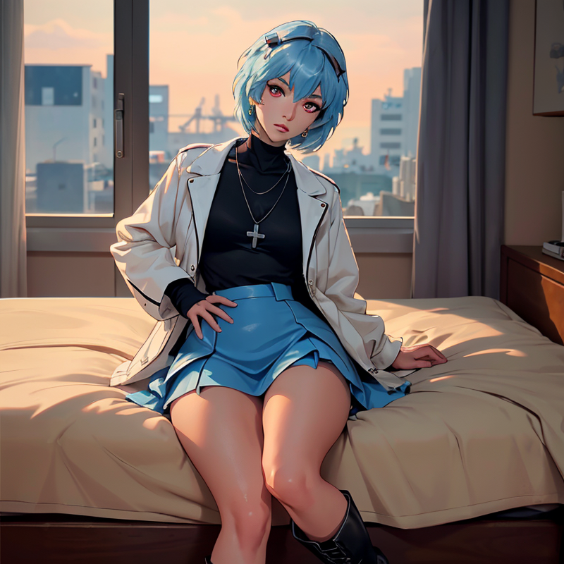 Rei Ayanami wears a white turtleneck sweater with a deep blue A-line skirt.png