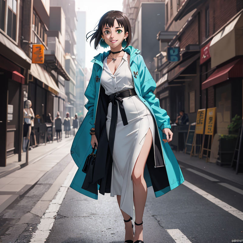 Kirigaya Suguha wears a white shirt with a black A-line skirt and a light blue coat.png