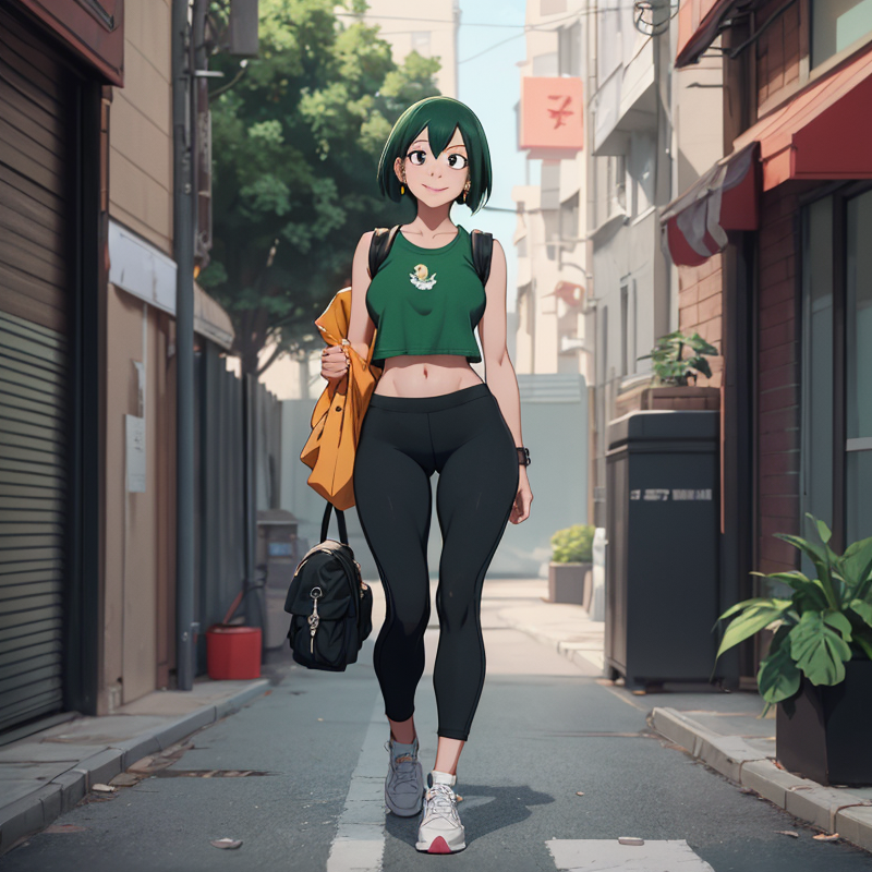 Tsuyu Asui wears a loose green shirt with a frog design and black sports pants for a casual style.png