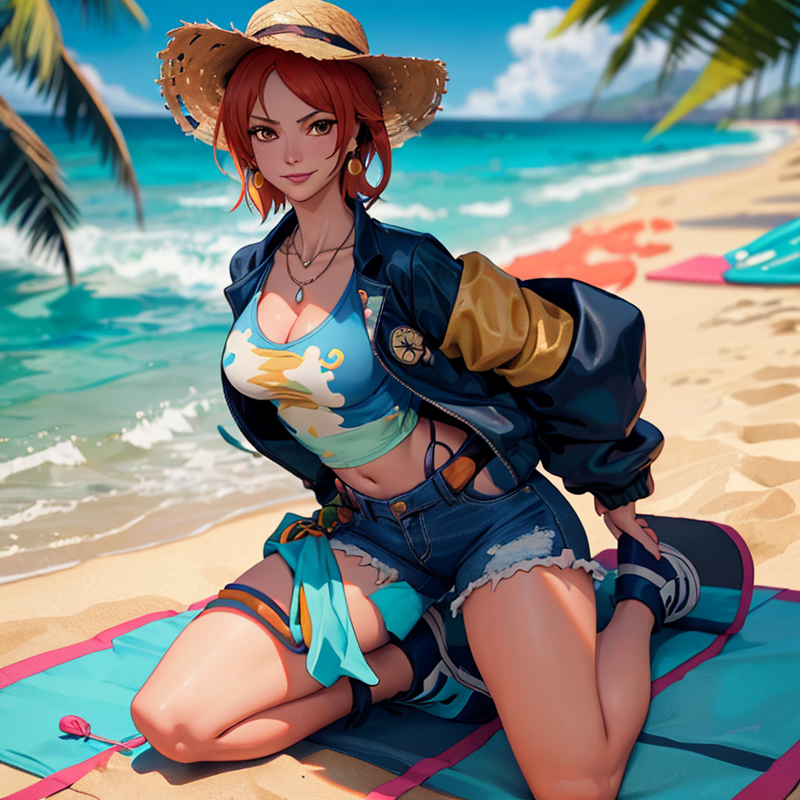 Nami from One Piece wears a loose white shirt with navy blue shorts and ocean-themed accessories..png