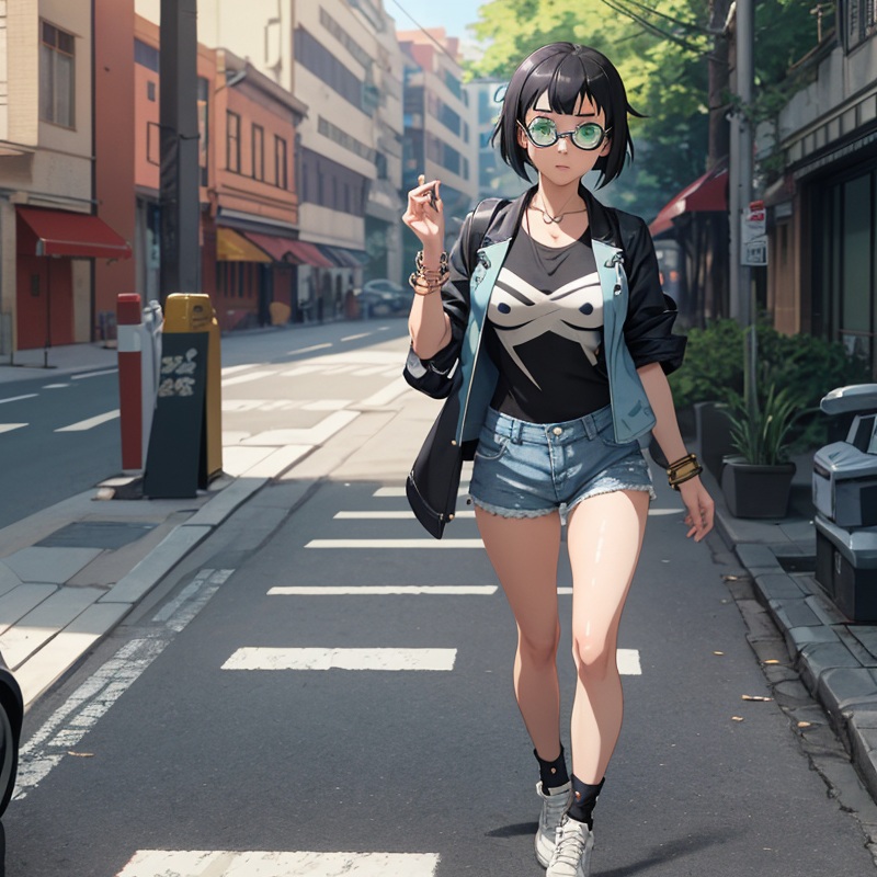 Kirigaya Suguha wears a white loose T-shirt and high-waisted denim shorts in a casual style; in a school style.png